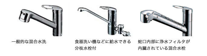 シャワー吐水、食器洗い機やアルカリ整水器に給水できる分岐水栓付、水栓自体に浄水フィルタが内臓されている水栓